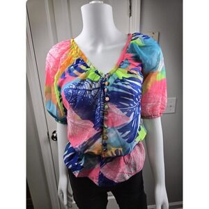 Luv2LuV multicolor tropical print button front blouse short puff sleeves size S